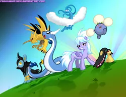 Size: 900x696 | Tagged: altaria, artist:primogenitor34, cloudchaser, crossover, derpibooru import, dragonair, jumpluff, luxio, mawile, pokémon, safe, zapdos