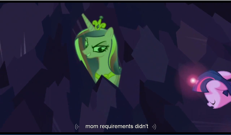 Size: 1279x750 | Tagged: safe, derpibooru import, screencap, queen chrysalis, twilight sparkle, alicorn, pony, unicorn, a canterlot wedding, crystal caverns, disguise, disguised changeling, eyes closed, female, floppy ears, frown, grin, image, mare, png, reflection, smiling, subtitles, unicorn twilight, youtube caption