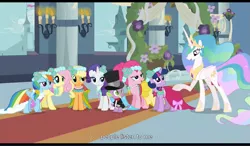 Size: 1279x746 | Tagged: a canterlot wedding, applejack, derpibooru import, fluttershy, mane six, pinkie pie, princess celestia, rainbow dash, rarity, safe, screencap, twilight sparkle, youtube caption