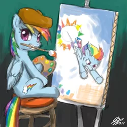 Size: 2400x2400 | Tagged: safe, artist:johnjoseco, derpibooru import, rainbow dash, pegasus, pony, brush, easel, high res, painting, solo, sonic rainboom