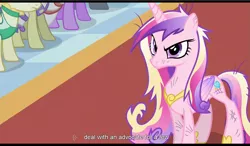 Size: 1279x745 | Tagged: a canterlot wedding, background pony, charm, crowd, dark moon, derpibooru import, eclair créme, fine line, graphite, masquerade, maxie, north star, princess cadance, safe, screencap, youtube caption