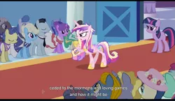 Size: 1279x743 | Tagged: safe, derpibooru import, screencap, bon bon, bruce mane, eclair créme, fine line, herald, jangles, lyra heartstrings, masquerade, maxie, minuette, north star, orion, perfect pace, ponet, princess cadance, royal ribbon, sealed scroll, shooting star (character), sweetie drops, twilight sparkle, alicorn, earth pony, pony, unicorn, a canterlot wedding, background pony, crowd, female, male, mare, stallion, the master, youtube caption