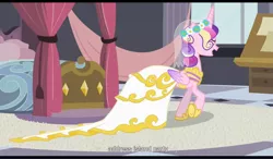 Size: 1279x746 | Tagged: safe, derpibooru import, screencap, princess cadance, queen chrysalis, a canterlot wedding, disguise, disguised changeling, fake cadance, image, png, solo, subtitles, this day aria, youtube caption