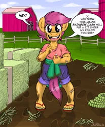 Size: 1024x1236 | Tagged: anthro, artist:onipolice, confused, derpibooru import, lost tooth, plantigrade anthro, safe, sandals, scootaloo, sweet apple acres, tooth