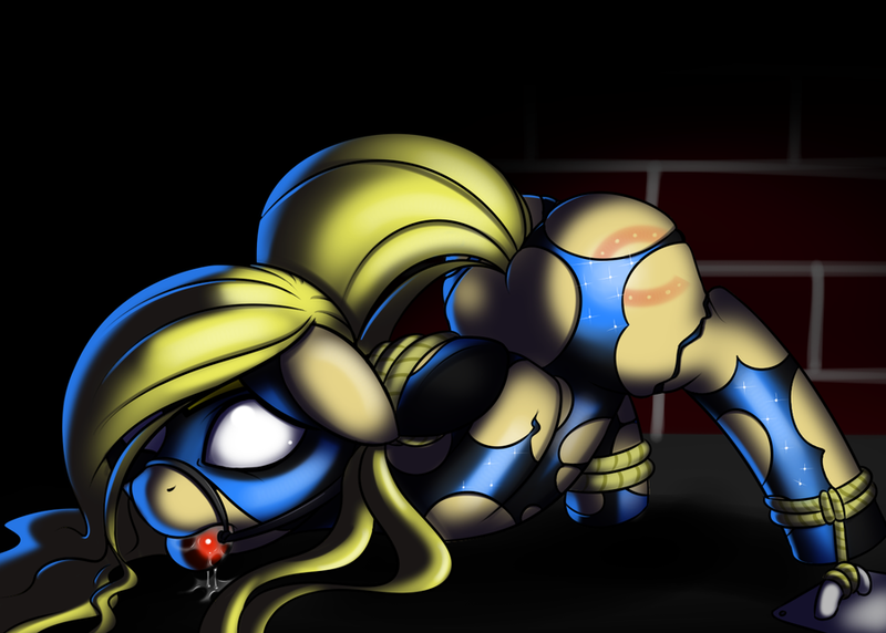 Size: 900x643 | Tagged: artist:kloudmutt, ballgag, bondage, derpibooru import, drool, empowered, female, gag, ponibooru import, ponified, solo, solo female, suggestive