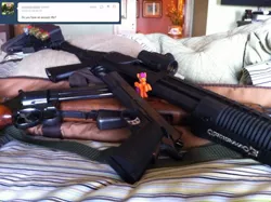 Size: 500x373 | Tagged: derpibooru import, gun, handgun, safe, scootaloo, shotgun, weapon