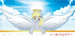 Size: 2540x1270 | Tagged: safe, artist:bunnyfriend, derpibooru import, derpy hooves, pegasus, pony, angel, beautiful, derpygate, female, halo, mare, solo