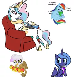 Size: 840x874 | Tagged: safe, artist:furseiseki, derpibooru import, gilda, princess celestia, princess luna, rainbow dash, gryphon, blanket, couch, cute, juice, parody, popcorn, s1 luna, the powerpuff girls, toy train