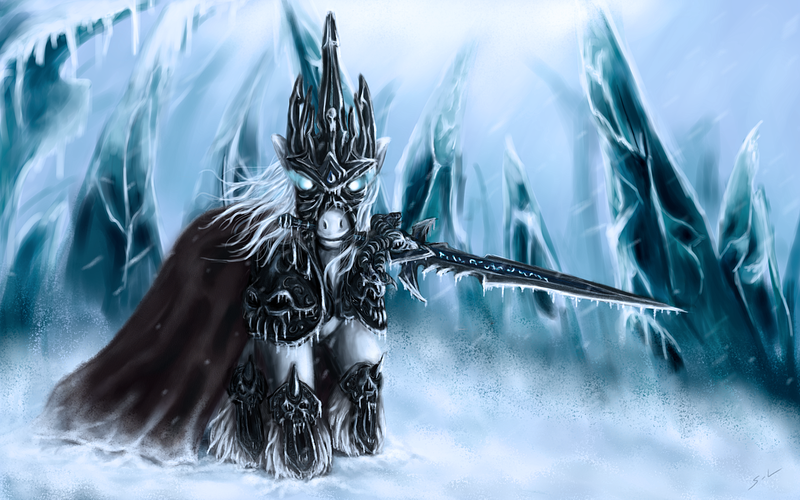 Size: 1920x1200 | Tagged: safe, artist:mugi-hamster, derpibooru import, ponified, pony, armor, arthas menethil, cape, clothes, crossover, frostmourne, g1, glowing eyes, ice, lich king, looking at you, mouth hold, snow, snowfall, solo, sword, warcraft, weapon