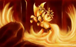 Size: 1920x1200 | Tagged: safe, artist:mugi-hamster, derpibooru import, ponified, pony, armor, crossover, fire, giant pony, glowing eyes, hammer, mace, macro, mouth hold, ragnaros, rearing, solo focus, sulfuron, warcraft, weapon, world of warcraft