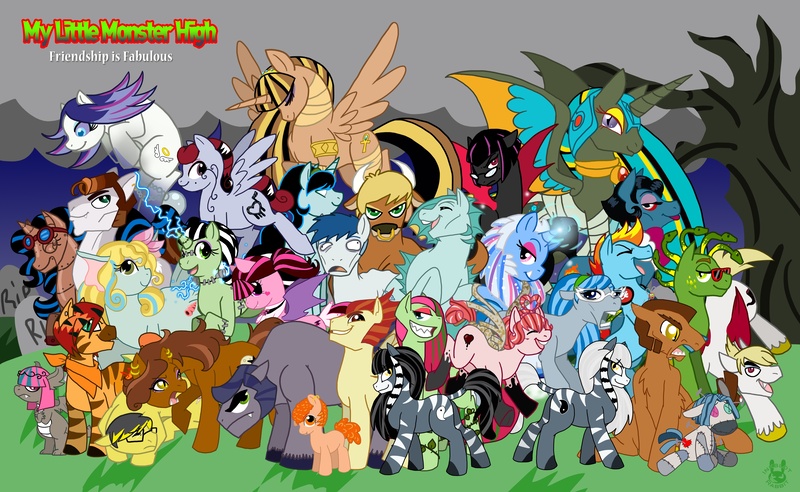 Size: 3900x2400 | Tagged: safe, artist:inkblot-rabbit, derpibooru import, ponified, pony, abbey bominable, bolts, c.a. cupid, clawd wolf, clawdeen wolf, cleo de nile, crossover, deuce gorgon, draculaura, frankie stein, ghoulia yelps, gill gillington, group picture, high res, holt hyde, hoodude, howleen wolf, jackson jekyll, lagoona blue, manny taur, meowlody, monster, monster high, nefera de nile, operetta, purrsephone, robecca steam, rochelle goyle, scarah screams, slow moe, spectra vondergeist, students, toralei stripe, venus mcflytrap