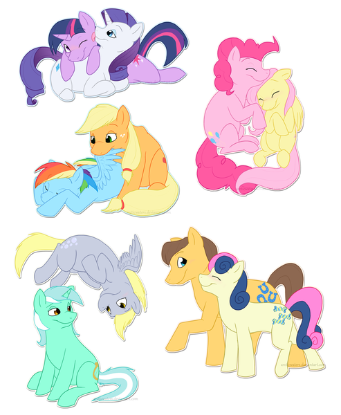 Size: 1920x2337 | Tagged: safe, artist:arcticwaters, derpibooru import, applejack, bon bon, caramel, derpy hooves, fluttershy, lyra heartstrings, pinkie pie, rainbow dash, rarity, sweetie drops, twilight sparkle, earth pony, pegasus, pony, unicorn, appledash, carabon, female, flutterpie, lesbian, lyraderp, male, mare, preening, rarilight, shipping, stallion, straight, unicorn twilight