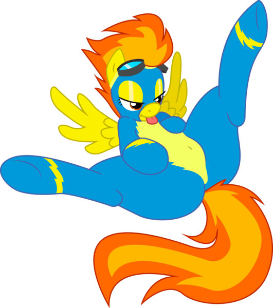 Size: 2655x3000 | Tagged: suggestive, artist:zajice, derpibooru import, spitfire, clothes, costume, goggles, high res, on back, spread legs, spreading, stupid sexy spitfire, tongue out, wonderbolts uniform