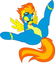 Size: 2655x3000 | Tagged: suggestive, artist:zajice, derpibooru import, spitfire, clothes, costume, goggles, high res, on back, spread legs, spreading, stupid sexy spitfire, tongue out, wonderbolts uniform