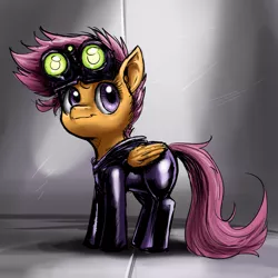 Size: 800x800 | Tagged: artist:aphexangel, ask stalkerloo, clothes, cute, derpibooru import, latex, safe, scootaloo, solo, stalkerloo