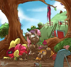 Size: 959x900 | Tagged: apple bloom, artist:atryl, cutie mark crusaders, derpibooru import, faceplant, frog, mud, safe, scootaloo, scooter, sweetie belle, tree sap and pine needles