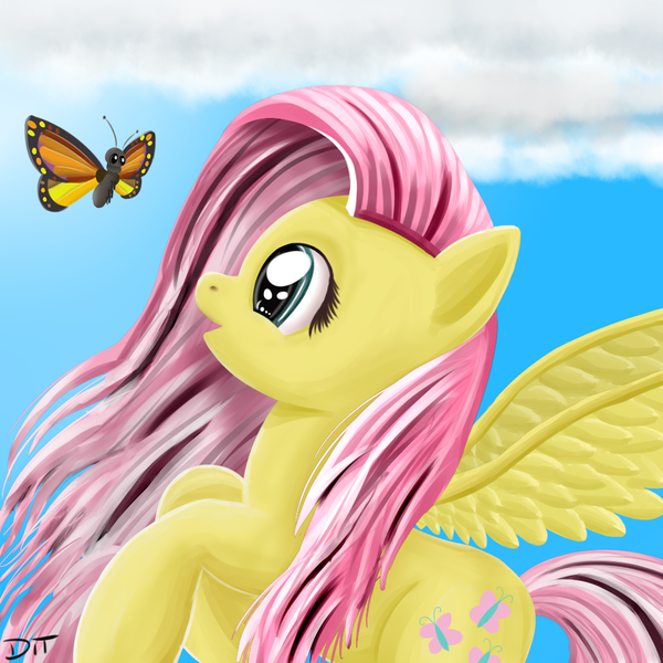 Size: 1000x1000 | Tagged: dead source, safe, artist:denial-is-tragic, derpibooru import, fluttershy, butterfly, pegasus, pony, cloud, solo