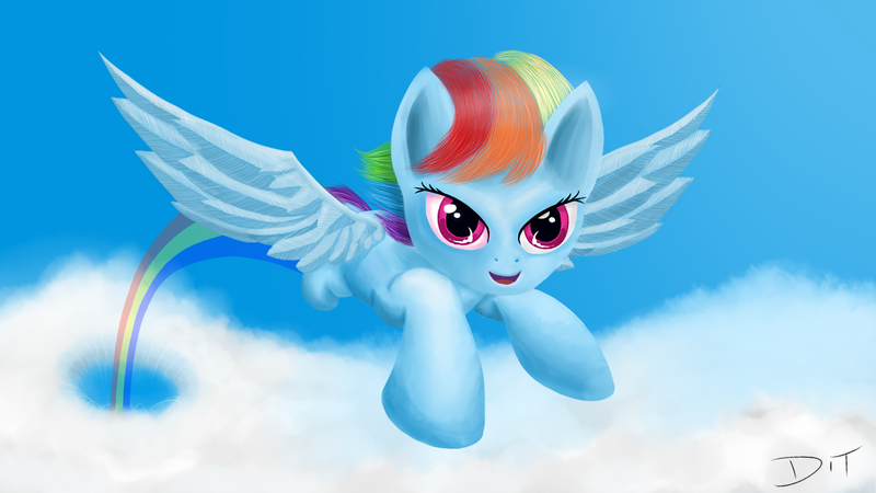 Size: 1280x720 | Tagged: dead source, safe, artist:denial-is-tragic, derpibooru import, rainbow dash, pegasus, pony, cloud, flying, solo