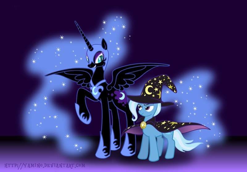 Size: 1000x695 | Tagged: artist:yamino, derpibooru import, nightmare moon, safe, trixie