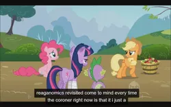 Size: 640x400 | Tagged: safe, derpibooru import, edit, edited screencap, screencap, applejack, pinkie pie, spike, twilight sparkle, dragon, earth pony, pony, unicorn, apple, butt, caption, female, food, injured, male, mare, plot, youtube caption