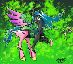 Size: 1145x1000 | Tagged: safe, artist:evilmel, derpibooru import, queen chrysalis, changeling, changeling queen, female, image, looking at you, open mouth, png, raised hoof, signature, slit eyes, solo, standing, transformation