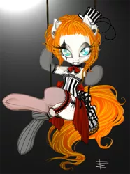 Size: 669x900 | Tagged: safe, artist:tt-n, derpibooru import, oc, oc:mt, unofficial characters only, earth pony, pony, ask mt, choker, clothes, colored, corset, fascinator, female, freckles, garter, impossibly long eyelashes, long gloves, looking at you, piercing, saloon dress, stockings, swing, underhoof