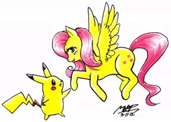 Size: 987x702 | Tagged: artist:evilmel, crossover, derpibooru import, fluttershy, pikachu, pokémon, safe