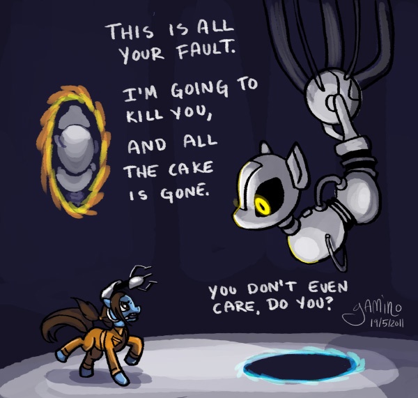 Size: 600x571 | Tagged: artist:yamino, chell, derpibooru import, glados, ponified, portal, portal gun, portal (valve), safe