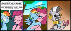 Size: 1000x438 | Tagged: safe, artist:madmax, derpibooru import, pinkie pie, rainbow dash, zecora, earth pony, pegasus, pony, zebra, blushing, comic, female, kissing, lesbian, mare, now kiss, pinkiedash, sexual proxy voodoo, shipper on deck, shipping, voodoo, voodoo doll, vulgar