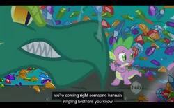 Size: 640x400 | Tagged: derpibooru import, dragon, ei, green dragon, hub logo, owl's well that ends well, reginald, safe, screencap, spike, youtube caption