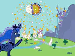 Size: 1024x768 | Tagged: apocalypse, artist:th8827, canterlot, cataclysm, collision, derpibooru import, grimdark, moon, ponyville, princess luna, sun, this will end in fire