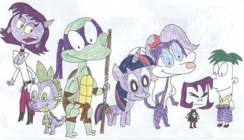 Size: 900x518 | Tagged: artist:sithvampiremaster27, crossover, derpibooru import, donatello, ferb fletcher, fifi la fume, gaz membrane, invader zim, phineas and ferb, safe, saranoia, skunk, spike, teenage mutant ninja turtles, tiny toon adventures, twilight sparkle, yin yang yo