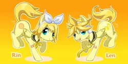 Size: 900x450 | Tagged: safe, artist:canarycharm, derpibooru import, ponified, pegasus, pony, blonde mane, female, kagamine len, kagamine rin, male, mare, stallion, vocaloid