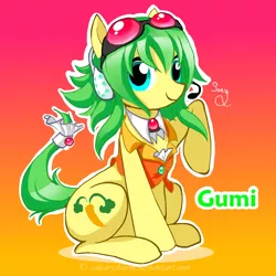 Size: 1051x1051 | Tagged: artist:canarycharm, derpibooru import, detached sleeves, deviantart, female, goggles, goggles on head, gradient background, green eyes, green hair, gumi megpoid, looking at camera, mare, neckwear, orange jacket, ponified, safe, short hair, smiling, vocaloid