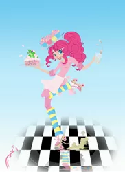 Size: 2550x3501 | Tagged: artist:rainekitty, balance, derpibooru import, food, gummy, high res, humanized, pinkie pie, roller skates, safe, skinny, solo