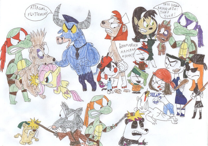 Size: 900x635 | Tagged: animaniacs, artist:sithvampiremaster27, candace flynn, crossover, derpibooru import, donatello, eva, fluttershy, hate, iron will, kitty katswell, kyle broflovski, master splinter, meg griffin, michelangelo, phineas and ferb, raphael, safe, south park, stan marsh, teenage mutant ninja turtles, total drama island, video brinquedo, wakko warner