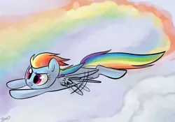 Size: 985x691 | Tagged: safe, artist:briskby, derpibooru import, rainbow dash, flying, rainbow, solo