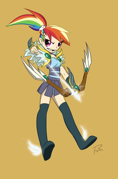 Size: 1183x1800 | Tagged: archer, archer dash, archery, arrow, artist:didj, bow and arrow, bow (weapon), derpibooru import, fantasy class, humanized, my little mages, rainbow dash, safe, skinny, weapon, winged shoes