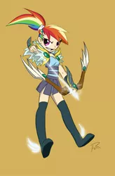 Size: 1183x1800 | Tagged: archer, archer dash, archery, arrow, artist:didj, bow and arrow, bow (weapon), derpibooru import, fantasy class, humanized, my little mages, rainbow dash, safe, skinny, weapon, winged shoes