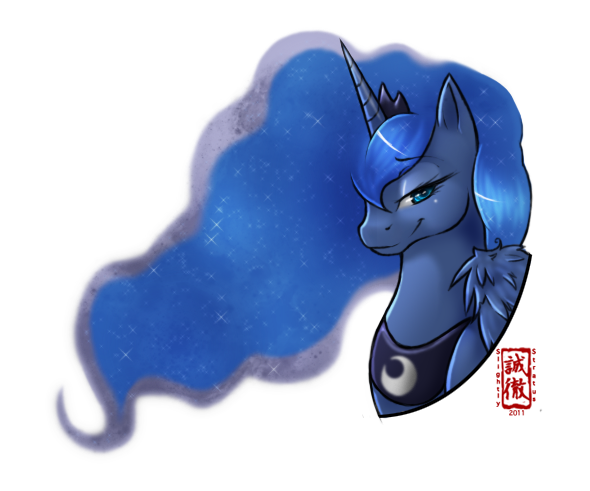 Size: 590x491 | Tagged: artist:slightly-stratus, bust, colored pupils, derpibooru import, princess luna, profile, safe, simple background, smug, smugluna, solo