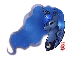 Size: 590x491 | Tagged: artist:slightly-stratus, bust, colored pupils, derpibooru import, princess luna, profile, safe, simple background, smug, smugluna, solo