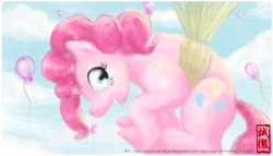 Size: 700x400 | Tagged: safe, artist:slightly-stratus, derpibooru import, pinkie pie, earth pony, pony, balloon, cloud, female, floating, mare, open mouth, sky, solo, then watch her balloons lift her up to the sky