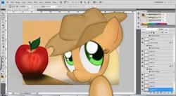 Size: 1366x746 | Tagged: applejack, artist:noponyzone, breaking the fourth wall, derpibooru import, obligatory apple, safe, solo