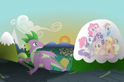 Size: 5001x3334 | Tagged: adult spike, applejack, artist:crunchnugget, derpibooru import, dragon, fluttershy, looking back, male, mane seven, mane six, older, older spike, pinkie pie, ponibooru import, ponyville, quadrupedal spike, rainbow dash, rarity, safe, spike, sunset, twilight sparkle, winged spike, wings