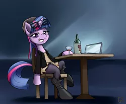 Size: 1040x859 | Tagged: alcohol, artist:gsphere, chair, clothes, computer, derpibooru import, glasses, hipster, jacket, laptop computer, looking at you, safe, sitting, solo, table, twilight sparkle, wine