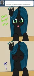 Size: 1280x2802 | Tagged: suggestive, artist:kloudmutt, derpibooru import, queen chrysalis, oc, oc:klodette, changeling, changeling queen, blushing, canon x oc, comic, dialogue, eyes closed, fangs, female, heart, image, implied cunnilingus, implied lesbian, implied oral, implied sex, lip bite, looking at you, open mouth, png, slit eyes, solo focus, tumblr, under the table