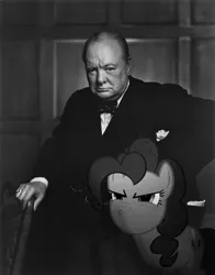 Size: 1526x1942 | Tagged: artist:davca, black and white, derpibooru import, grayscale, irl, photo, pinkie pie, ponies in real life, pouting, safe, winston churchill