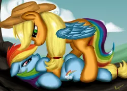 Size: 1750x1245 | Tagged: suggestive, artist:leyanor, derpibooru import, applejack, rainbow dash, fanfic:those blue wings, appledash, crying, female, lesbian, shipping, tail swap