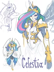 Size: 594x800 | Tagged: dead source, safe, artist:wei-jing, derpibooru import, princess celestia, alicorn, human, pony, armor, badass, crown, female, gauntlet, horn, horned humanization, humanized, jewelry, mare, regalia, simple background, sketch, white background, winged humanization, wings