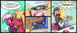 Size: 1500x656 | Tagged: semi-grimdark, artist:madmax, derpibooru import, big macintosh, cheerilee, princess luna, earth pony, human, pony, 80s, 80s cheerilee, back to the future, comic, crossover, delorean, gun, happy meal, implied death, male, murder, s1 luna, stallion